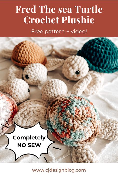 Amazing crochet turtle pattern with video tutorial. No-sew AT ALL! | CJDesignblog.com  #CrochetPlushie #CrochetTurtle Crochet Stuffed Animals Turtle, Crochet Pattern Stuffed Animal Free, Diy Stuffed Turtle, Free Crochet Patterns Animals Easy, Fred The Sea Turtle, Crochet Stuffed Turtle Free Patterns, No Sew Crochet Sea Turtle, No Sew Crochet Stuffed Animals, Turtles Crochet Pattern Free