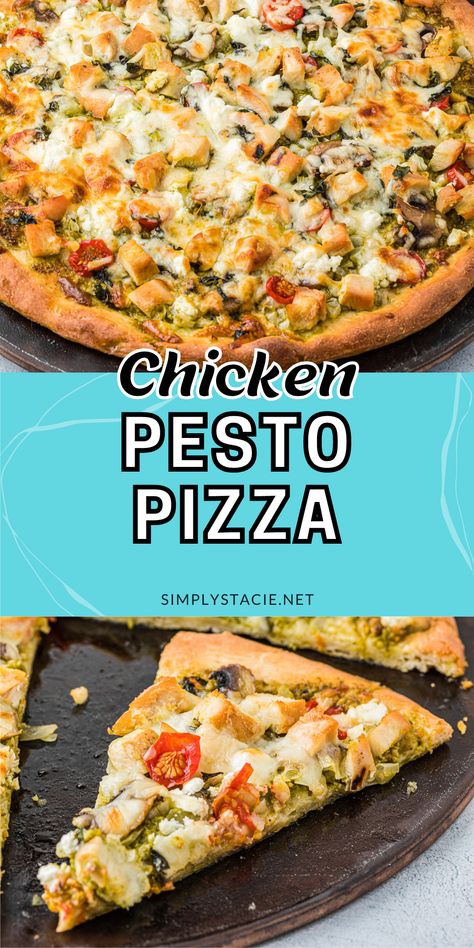 Two image collage of chicken pesto pizza. The first image is a pizza on the pizza pan. The second image is a slice of pizza on a plate. Pesto Chicken Pizza Recipe, Basil Pesto Pizza, Chicken Spinach Mushroom, Calzone Recipes, Chicken Pesto Pizza, Mushroom Pizza Recipes, Pesto Pizza Recipe, Basil Pesto Chicken, Sundried Tomato Chicken