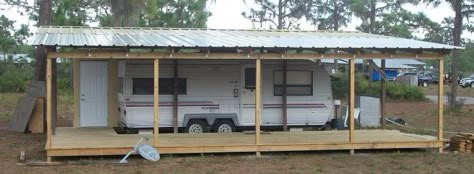 Shelter/porch over camper Garage With Porch, Porch For Camper, Rv Shelter, Trailer Deck, Rv Carports, Rv Cover, Trailer Life, Trailer Living, Rv Living Full Time