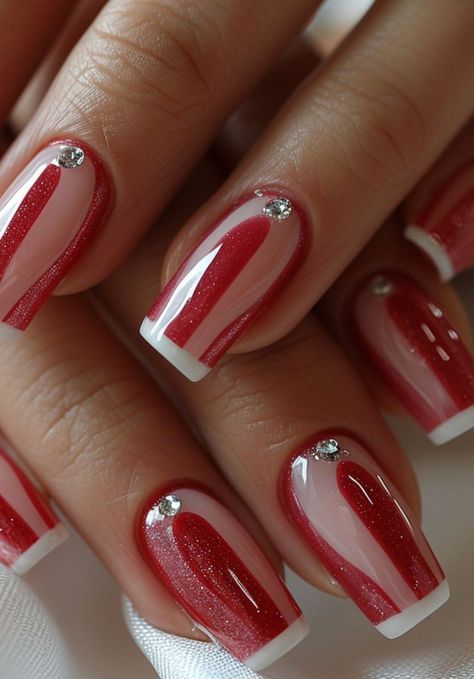 Red French Manicure Designs, Red Tips Nails, Red And White Nail Art, Red French Tip Nails, Nail Shapes Square, Red And White Nails, Red Nail Art Designs, Chic Manicure, Red Gel Nails