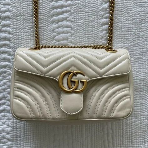 Gucci Small GG Marmont 2.0 Matelasse Leather Shoulder Bag Mystic White Gucci Models, Gg Marmont, Interior Color, Gucci Handbags, White Interior, Flap Bag, White Shop, Colorful Interiors, Key Ring