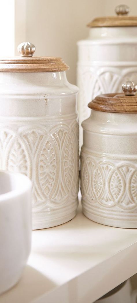 Farmhouse Kitchen Canisters, Farmhouse Canisters, White Canisters, Kitchen Decor Apartment, Organizing Hacks, Rustic Farmhouse Kitchen, Organic Forms, Kitchen Canisters, Decor Guide