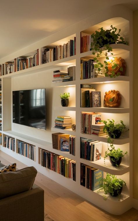 Tv Mounted, Floating Shelves Living Room, Built In Shelves Living Room, Shelves Living Room, Bookshelves In Living Room, Home Library Design, Wall Bookshelves, Library Design, Book Shelves