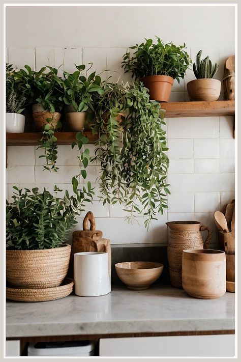 Transform your kitchen into a bohemian paradise with our 9 useful kitchen ideas for stunning boho plant decor. Discover creative ways to incorporate lush greenery, vibrant colors, and unique textures that bring warmth and personality to your space. From hanging planters to earthy accents, these ideas will inspire you to create a cozy and inviting atmosphere that reflects your style. Embrace the beauty of boho decor and elevate your kitchen today! Home With Plants, Interior Design With Plants, Plants Above Kitchen Cabinets, Plants In Kitchen, Decorating With Plants, Kitchen Plants Decor, Boho Plant Decor, Boho Bar, Kitchen Plants