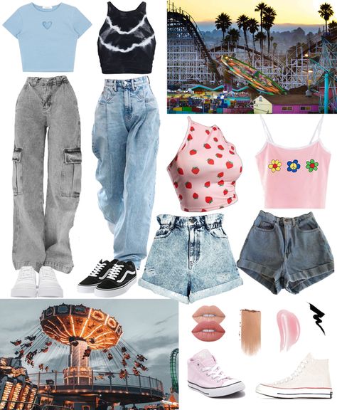 Clothes For Amusement Park Outfit Ideas, Amusement Park Aesthetic Outfit Summer, Outfit For Park Day Summer, Aesthetic Amusement Park Outfits, Six Flags Outfit Spring, Outfits To Go To The Park, Theme Park Outfits Aesthetic, Themed Park Outfit Ideas, Comfy Theme Park Outfit Summer