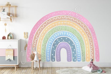 Large Boho Watercolour Pink Rainbow, Soft Rainbow Wall Decal, Nursery Wall Decal - Etsy Boho Rainbow Painted Wall, Pastel Rainbow Mural, Rainbow Wall Painting Ideas, Rainbow Mural Kids Room Diy, Rainbow Shiplap Wall, Rainbow Paint Wall, Rainbow Mural Kids Room, Rainbow Theme Room, Rainbow Wall Painting