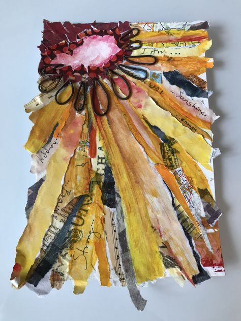 Mixed Media With Fabric, Leaves Collage Art, Textured Collage Art, Sunflower Mixed Media, Mixed Media Sunflower, Art Inspiration Collage, Recycled Collage Art, Mixed Media Nature Art, Mixed Media Paper Art