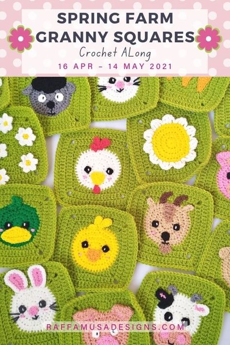 Announcing the Spring Farm Granny Squares CAL • RaffamusaDesigns Animal Granny Squares, Crochet Farm Animals, Lidia Crochet Tricot, Granny Square Häkelanleitung, Motifs Granny Square, Flower Granny Square, Granny Square Crochet Patterns Free, Confection Au Crochet, Haken Baby