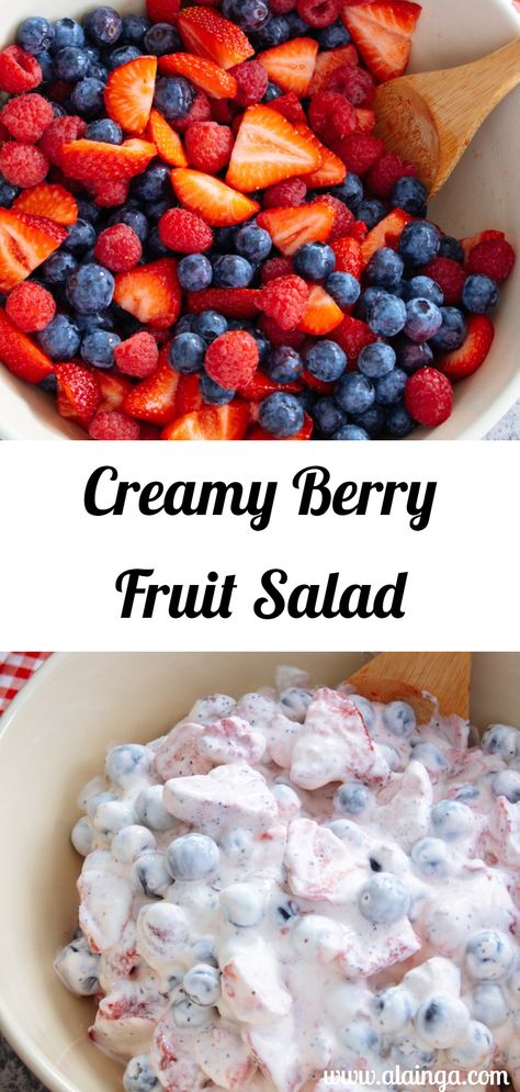 Creamy Berry Fruit Salad Whipped Cream And Berries, Fruit Salad With Yogurt Cool Whip, Berries Fruit Salad, Fruit Salad Whipped Cream, Fruit Salad Cool Whip, Fruit Salad With Whipped Cream, Yogurt Fruit Salad, Berry Salad Recipe, Cookout Desserts