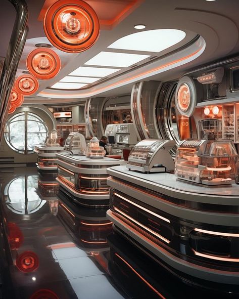 @orangeglasses • Instagram photos and videos Retro Futurism Restaurant, Space Themed Restaurant, Space Gas Station, Futuristic Diner, Futuristic Lobby, Retro Futurism Interior, Interactive Backgrounds, Episode Interactive, Episode Interactive Backgrounds