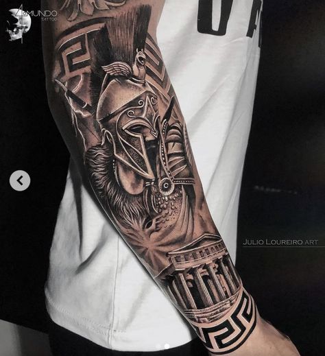 Roman Mythology Tattoos Sleeve, Forearm Tattoo Greek Mythology, Greek God Tattoos For Men Forearm, Roman Tattoo Forearm, Gladiator Forearm Tattoo Men, Greek Arm Tattoos For Men, Gladiator Tattoo Forearm, Egyptian Gods Tattoo Design, Spartan Arm Tattoo