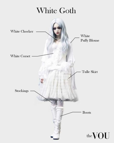 Goth Cute Aesthetic, Goth In White, White Goth Fashion, Goth Clothes Ideas, Ghost Outfit Ideas, Ghost Band Outfit Ideas, Black And White Goth Outfit, Ghostly Outfits, Ghost Aesthetic Outfit