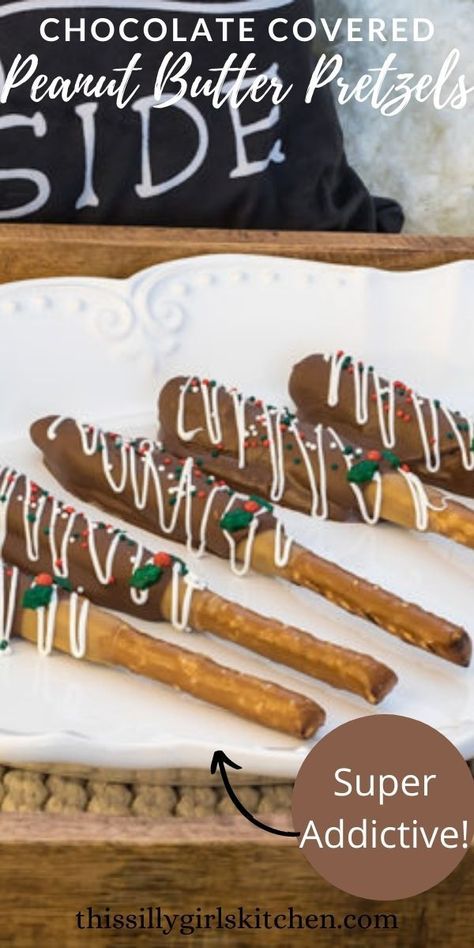 Peanut Butter Dipped Pretzels, Pretzel Rods Dipped, Peanut Butter Pretzels, Reindeer Chow, Chocolate Pretzel Rods, Chocolate Dipped Pretzel Rods, Kitchen Feature, Dipped Pretzel Rods, Peanut Butter Dip