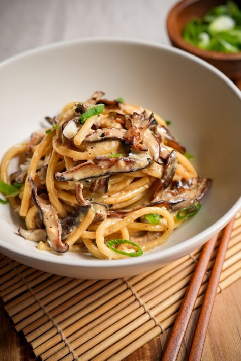 30-Minute Miso Mushroom Bucatini - Chasing Cravings Ribeye Recipes, Seafood Spaghetti, Mushroom Carbonara, Mushroom Cream Sauces, Cherry Tomato Pasta, Bacon Stuffed Mushrooms, Spaghetti Recipe, Mushroom Pasta, Honey Garlic Chicken