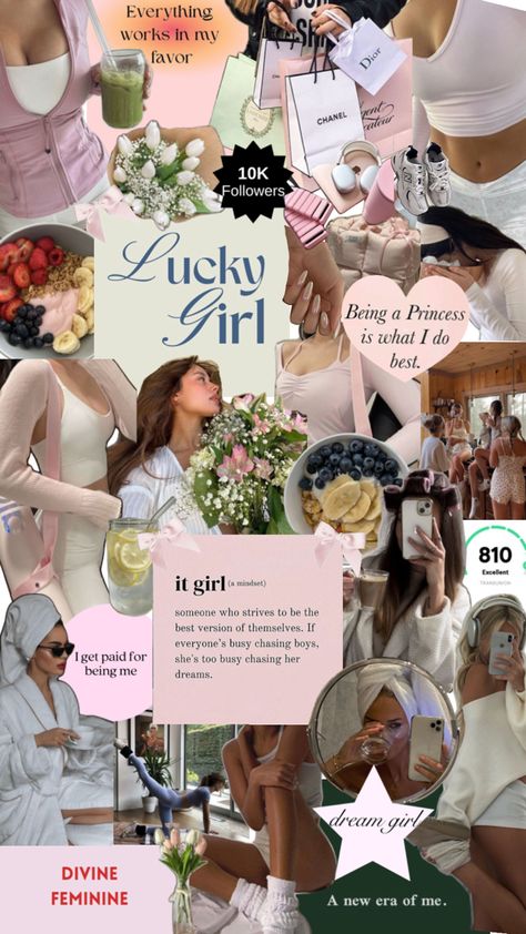 Girly Vision Board, Lucky Girl Wallpaper, Lucky Girl Aesthetic, Girl Vision Board, Girl Affirmations, Aesthetic Routines, Pilates Girl, 2025 Goals, Aesthetic Soft Girl