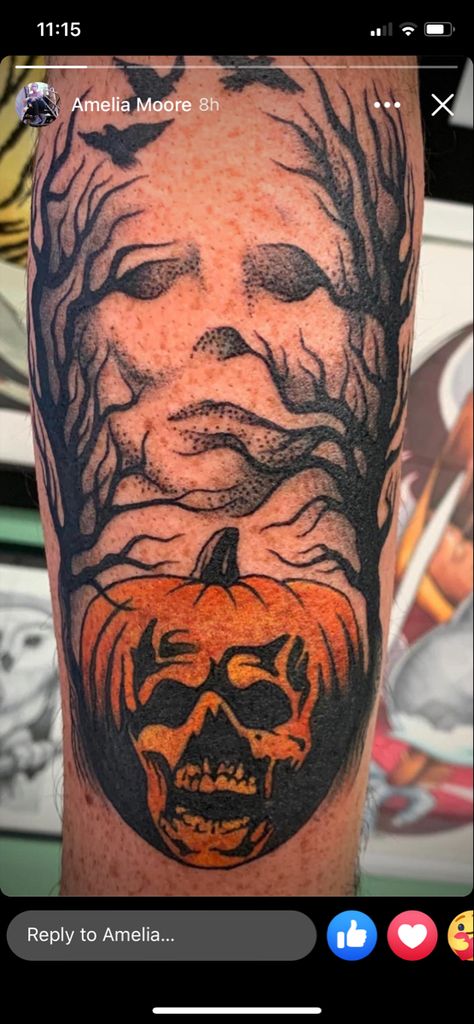 Michael Myers Pumpkin Tattoo, Scary Pumpkin Tattoo, Evil Pumpkin Tattoo, Spooky Tree Tattoo, Pumpkin King Tattoo, Amelia Moore, Traditional Tattoo Halloween, Chest Tattoo Stencils, Tattoo Halloween