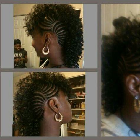 Side Mohawk Braid, Braided Curly Mohawk, Mohawk With Braids Black Women, Side Cornrows With Twists, Mohawk Hairstyles For Black Women Braids, Braid Mohawk For Black Women, Mohawk Crochet Hairstyles, Mowhak Hairstyle Female, Braided Mohawk Hairstyles For Black Hair