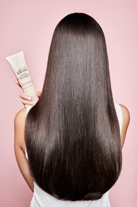 Model's shiny rich brunette hair is shown with her holding Le Color Gloss tube. Simple Hairstyle For School, Simple Hair Tutorial, Hair Aloe Vera, Hairstyle For School, Hair Gloss, Hair Secrets, Aloe Vera For Hair, Easy Hairstyles For School, Growth Hair