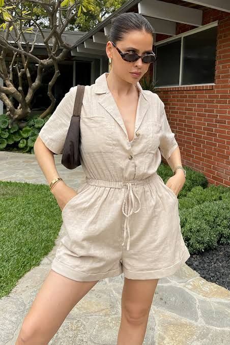 Beige Playsuit Outfit, Linen Playsuit Outfit, Linen Romper Outfit, English Wears, Neutral Glam, Mini Romper, Playsuits Outfit, Linen Outfit, Linen Romper