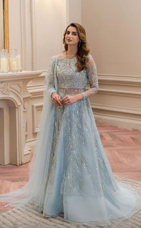 Ice Blue Gown, Net Gown Designs, Engagement Dress For Bride, Baju Kahwin, Party Wear Gowns, Latest Bridal Dresses, Pakistani Fancy Dresses, Pakistani Fashion Party Wear, Beautiful Pakistani Dresses