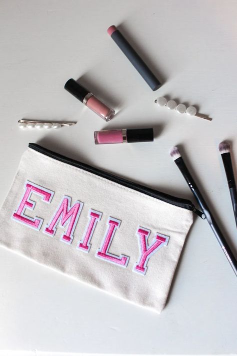 DIY Gift Idea: How to Make Personalized Makeup Bags - EMILY BELLOMA Monogrammed Makeup Bags, Nighttime Skincare, Iron On Letters, Personalized Makeup Bags, Varsity Letter, Makeup Bags, Simple Gifts, Diy Makeup, Diy Blog