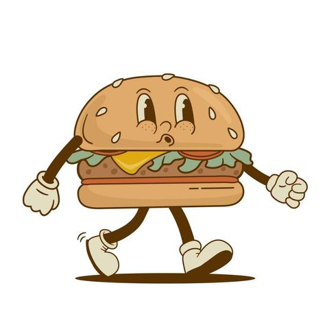 Afternoon Tea Menu Ideas, Burger Character, Burger Drawing, Hamburger Sandwich, Funny Burger, Burger Cartoon, Food Hamburger, Food Tech, Retro Cartoon