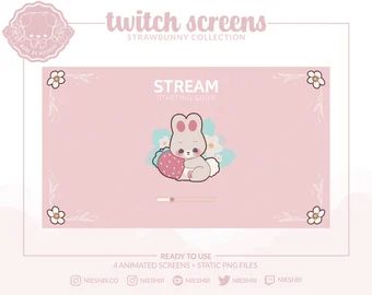 Kawaii twitch | Etsy Strawberry Animation, Twitch Screens, Be Right Back, Aesthetic Cute, Kawaii Aesthetic, Cute Bunny, Custom Color, Digital Drawing, Drawing Illustrations