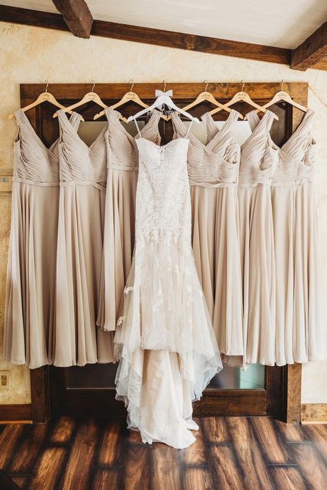 Bride And Bridesmaid Pictures Dresses, Bridal Party Dresses Hanging Photo, Wedding Day Dress Photos, Day Of Wedding Pictures Photo Ideas, Wedding Dress And Bridesmaid Dress Photo, Hanging Bridesmaid Dresses, Bridal Party Hanging Dress Pictures, Getting Ready Pictures Wedding Bridesmaid, Wedding Gown Hanging Photography