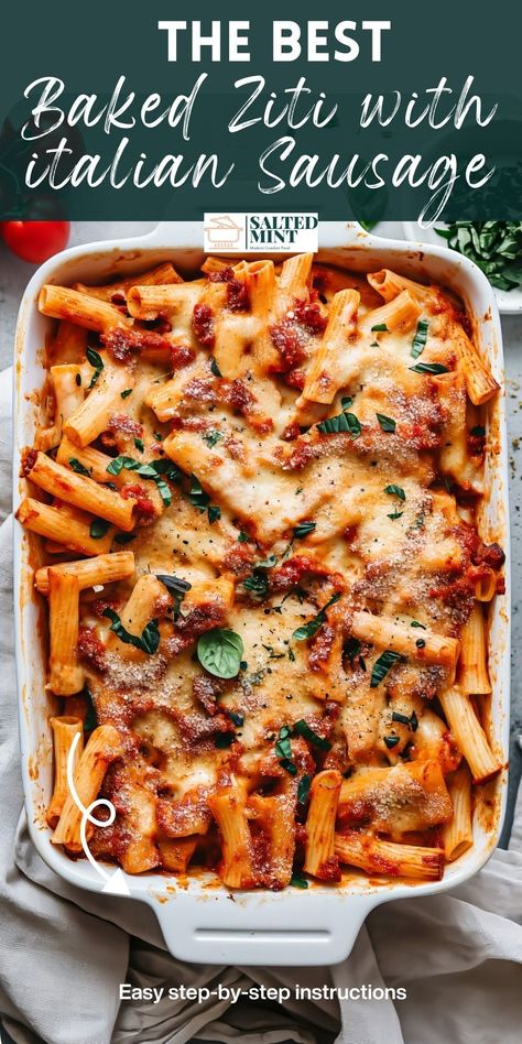 Enjoy an easy baked ziti with Italian sausage and three cheeses. A classic Italian-American favorite, perfect for comfort food ideas and family meals. Baked Ziti With Italian Sausage And Beef, One Pot Ziti With Sausage, Italian Sausage Ziti Bake, One Pot Pasta Recipes Sausage, Recipes With Spicy Italian Sausage, Italian Sausage Baked Ziti, Italian Sausage Recipes For Dinner Healthy, Ziti Casserole Baked, Casserole Pasta Recipes