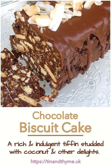 Chocolate Biscuit Cake. A rich and indulgent chocolate tiffin, also known as biscuit cake or fridge cake. Studded with coconut and flavoured with coconut liqueur, this chocolate biscuit cake is a not overly sweet adult version of a children’s classic. Makes a fabulous birthday cake. #TinandThyme #BiscuitCake #ChocolateFridgeCake #ChocolateTiffin #ChocolateandCoconut Chocolate Tiffin, Romanian Dishes, Cornish Kitchen, Chocolate Fridge Cake, Tiffin Recipes, Coconut Liqueur, Fridge Cake, Chocolate Biscuit Cake, British Recipes