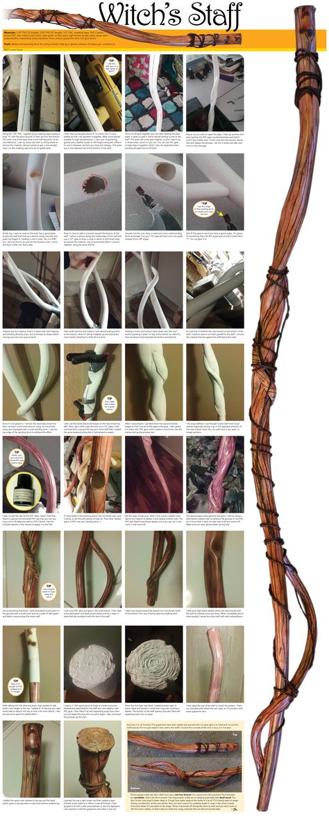 Witch or Wizard staff made from PVC pipe. Cosplay Staff Ideas, Witch’s Staff, Witch Broom Concept Art, Druid Staff Cosplay, Cosplay Staff Tutorial, Ren Faire Staff, Witches Staff Diy, How To Make A Wizard Staff, Diy Druid Staff