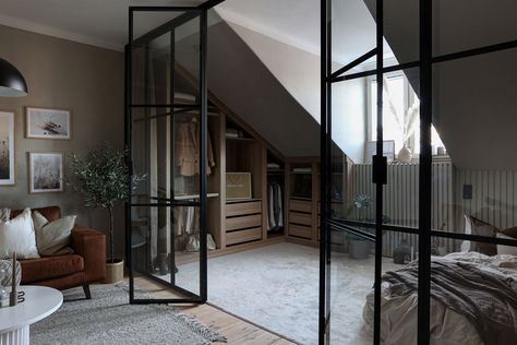 A Small Luxurious Attic Apartment in Sweden — THE NORDROOM Industrial Attic, The Nordroom, Industrial Glass Wall, Small Attic Apartment, Small Attics, Scandinavian Loft, Tiny Studio Apartments, Living Room Classic, Apartment Loft