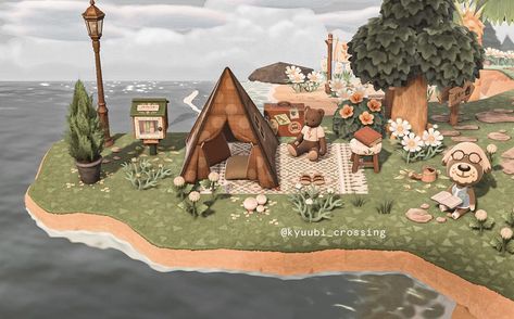 shannen 🌿 on Twitter: "a smol campsite on the peninsula 🌱… " Peninsula Ideas, Cottagecore Animal Crossing, Ideas Animal Crossing, Motif Acnl, Acnh Cottagecore, Animal Crossing 3ds, Ac New Leaf, Animal Crossing Guide, Happy Home Designer