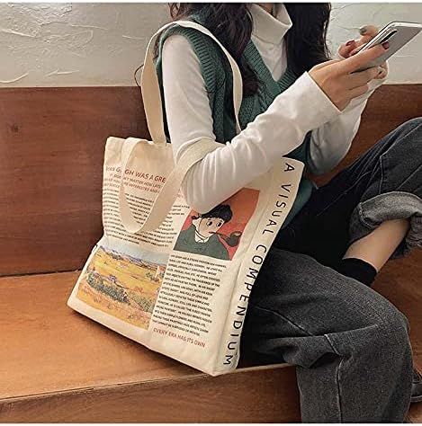 UERRUAM Canvas Tote Bag Aesthetic for Women Graphic Tote bag with Zipper Cute Canvas Bags with Pockets Bags With Pockets, Canvas Van Gogh, Canvas Tote Bag Aesthetic, Library Book Bag, Graphic Tote Bag, Artist Bag, Tote Bag With Zipper, Tote Bag Aesthetic, Back To School Bags