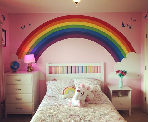 Rainbow Room Kids Girl Bedrooms Ideas, Pink Room With Rainbow, Rainbow Painted Room, Rainbow Painting For Kids Room, Rainbow Wall Painting Ideas, Painted Rainbow On Wall, Rainbow Painted Walls, Toddler Rainbow Room, Rainbow Room Ideas