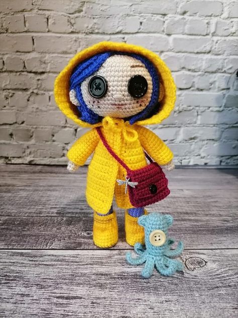 Coraline in the Land of Nightmares Coraline Jones doll | Inspire Uplift Crochet Coraline Doll, Crochet Coraline, Crochet Doll Clothes Free Pattern, Diy Crochet Doll, Coraline Doll, Coraline Jones, Crochet Doll Dress, Crochet Dolls Free Patterns, Crochet Collar