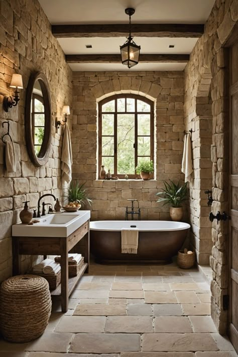 Bathrooms Rustic, Stone Bathroom Wall, Italian Inspired Bathroom, Bathroom Ideas Mediterranean Style, Bathrooms Mediterranean, Meditterean Bathroom, Amazing Bathrooms Master Baths, Mediterrean Homes Interiors Bathroom, Dramatic Bathroom