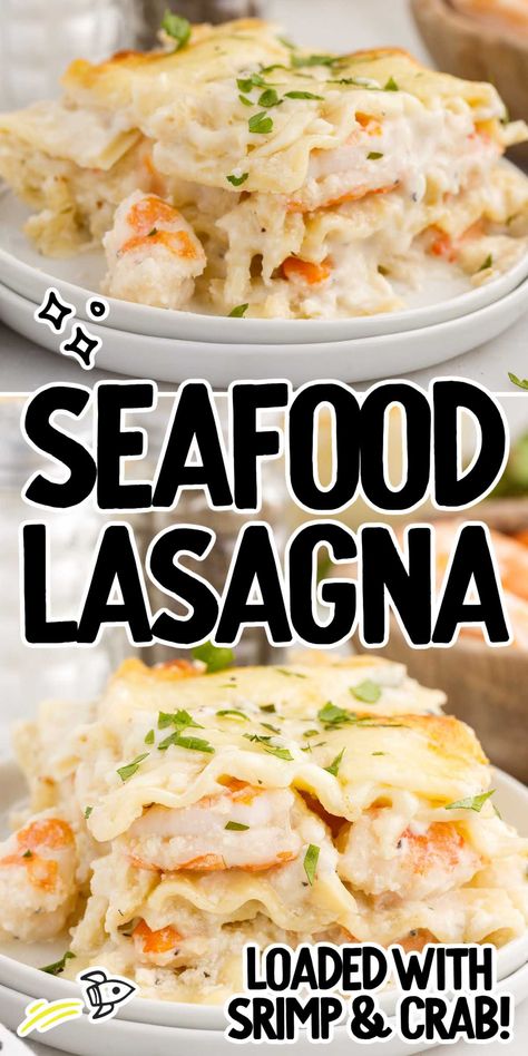 Seafood Lasagna Seafood Lasagna Recipes, Wine Cream Sauce, Seafood Casserole Recipes, White Wine Cream Sauce, Seafood Dinner Recipes, Seafood Dish Recipes, Seafood Lasagna, Lasagna Noodles, Crab Recipes