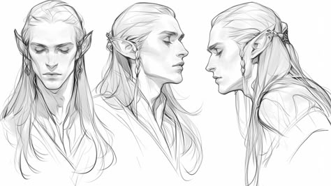 Male Elf Drawing Reference, Elves With Horns, Dnd Concept Art Character Design, Elf Side Profile, Elf Hairstyles Drawing, Horns Side View, Faces Reference Drawing, Elf Ears Drawing Reference, Head Up Reference