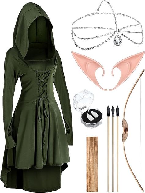 Medieval Fairy Costume Set: you will receive 1 set of Irish dance costume for women, including 1 pair of elf latex ears, 1 pair of elf teeth, 1 multi tassel dribble rhinestone headband, 1 wooden bow with 3 arrows, and 1 Medieval hooded dress, which can meet the demand that you dress up for the Renaissance Viking Elf, Halloween Constumes, Medieval Costume Women, Forest Fairy Costume, Medieval Fairy, Fairy Costume Women, Irish Costumes, Halloween Costumes Women Creative, Costumes 2023