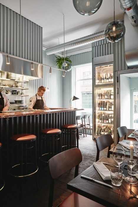 Joanna Laajisto lines Helsinki restaurant with corrugated metal Dezeen Interiors, Minimalist Decorating, Corrugated Metal Wall, Architecture Restaurant, Bar Restaurant Design, Metal Wall Panel, Design Café, Marble Furniture, Design Management