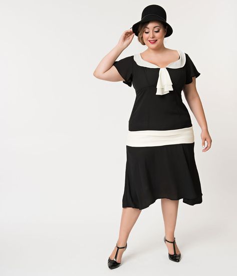 Unique Vintage Plus Size 1920s Black & Cream Wilshire Flapper Day Dres 1920s Day Dress, Vintage Brand Clothing, Estilo Pin Up, 1920s Outfits, Dress History, Gaun Fashion, Afternoon Dress, Retro Mode, Vintage Mode