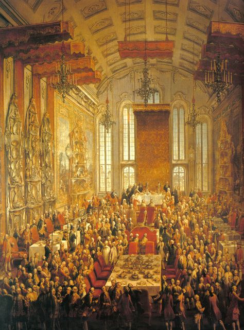 Coronation Banquet for Emperor Joseph II. in the Kaisersaal of the Römer in Frankfurt, 1764. Roman Banquet, Queens Jewels, Maria Theresa, Holy Roman Empire, 5 De Mayo, Social Art, Heart Of Europe, George Jones, Roman Emperor