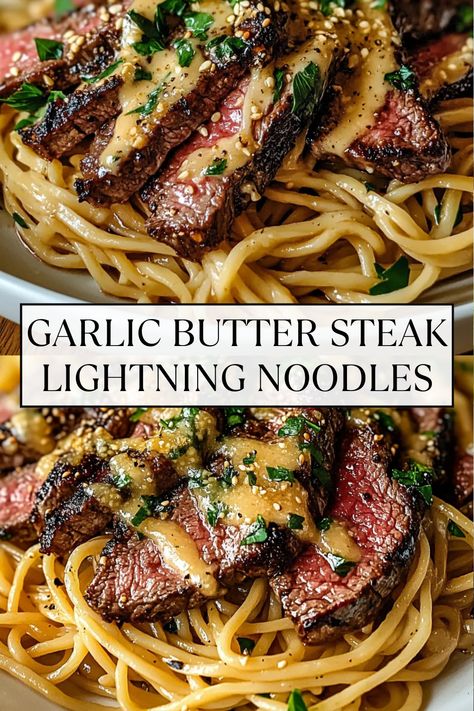 This Garlic Butter Steak Lightning Noodles recipe is a quick and flavorful meal packed with tender steak, rich garlic butter sauce, and savory noodles. Ready in minutes, it's the perfect go-to dish for busy weeknights, combining bold flavors with effortless cooking. Steak And Garlic Noodles, Garlic Butter Steak Noodles, Garlic Butter Steak Pasta, Garlic Butter Steak Lightening Noodles, Garlic Butter Steak Lightning Noodles, Steak And Noodles, Savory Noodles, Steak Noodles, Tender Flank Steak