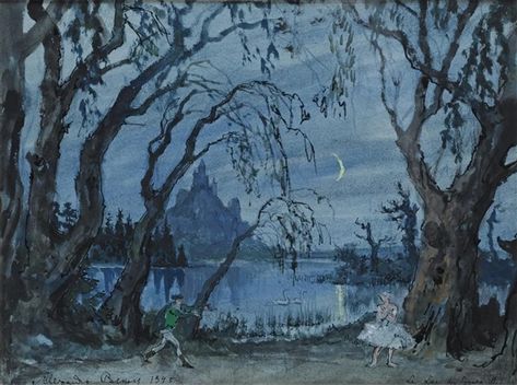 Artwork by Alexandre Nikolaïevitch Benois, SET DESIGN FOR SWAN LAKE, Made of watercolour over pencil on paper with pen and ink Swan Lake Ballet Art, Odette Swan Princess Aesthetic, Princess Aestethic, Swan Lake Illustration, Short Storyboard, Lake Illustration, Sleep Aesthetic, Theatre Backdrops, Swan Ballet