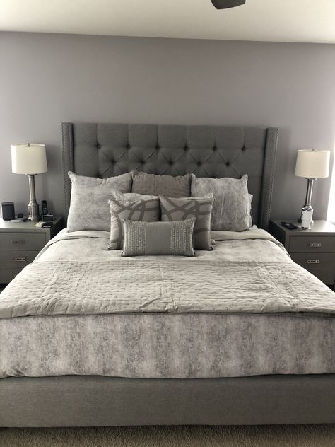 Room Inspiration For Couple, Gray Floor Bedroom Ideas Modern, Apartment Bedroom Decor Grey, Grey Bed Set Room Ideas, Panel Bed Bedroom Ideas, Grey Couple Bedroom Ideas, Bedroom Husband And Wife, Gray Tufted Bedroom Ideas, Gray Bedroom Beds & Bed Frames