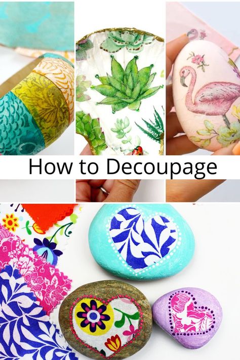 Learn how to decoupage and tips and tricks for your decoupage projects. Decoupage Rocks Ideas, Decoupage Rocks, Decoupage Projects, Oyster Shell Crafts, Upcycling Diy, Holiday Crafts Diy, Boho Painting, Art Simple, Shell Crafts