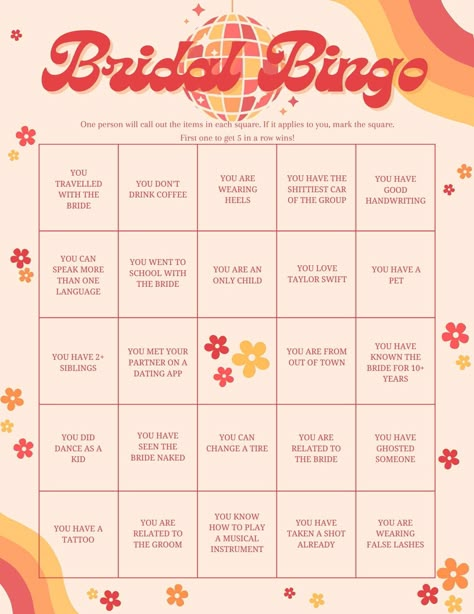 Bridal Shower/Bachelorette Bingo Card - Disco Themed orange and pink/Ice breaker/find the guest Bachelorette Party Ideas Games, Bachelorette Party Bingo, Bachelorette Bingo, Ultimate Bachelorette Party, Bachelorette Party Game, Disney Bachelorette, Etsy Invitations, Bachelorette Weekend Invitations, Groovy Design