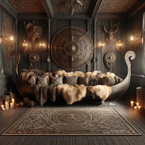 Norse Home Aesthetic, Viking Bed Frame, Viking Living Room, Winterfell Interior, Viking Inspired Home, Viking Interior Design, Viking House Interiors, Viking Decor Interior Design, Viking Interior