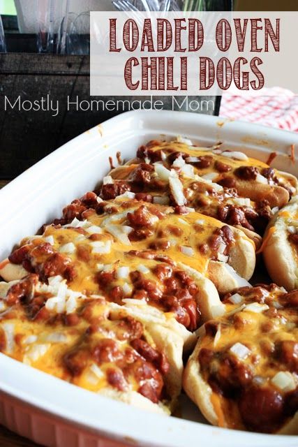 Mostly Homemade Mom: Loaded Oven Chili Dogs Chili Dogs, Hot Dog Recipes, Cooking For A Crowd, Football Food, Corn Dogs, Dog Recipes, Naan, Main Meals, Main Dish Recipes